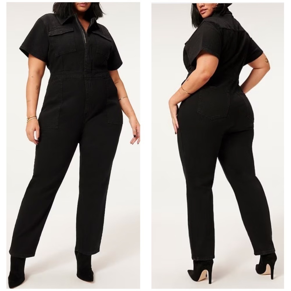 Fit For Success Short Sleeve Point Collar Straight Leg Stretch Denim Jumpsuit